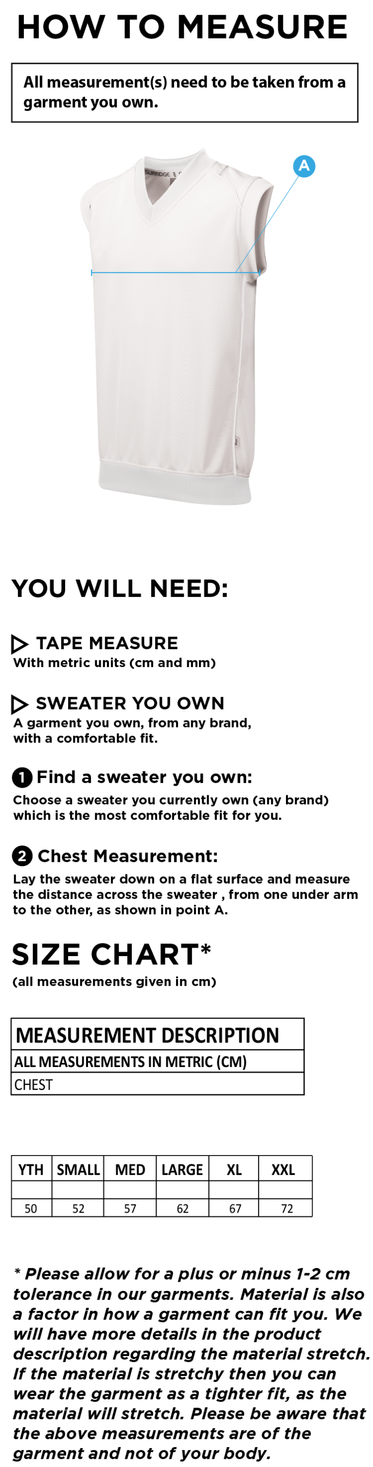 Dunlop Stars Cricket Club - Sleeveless Sweater - Size Guide