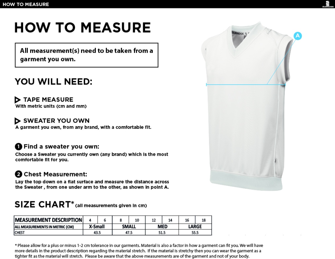 Dunlop Pak Stars CC Blast Sleeveless Women's Cricket Sweater - Size Guide