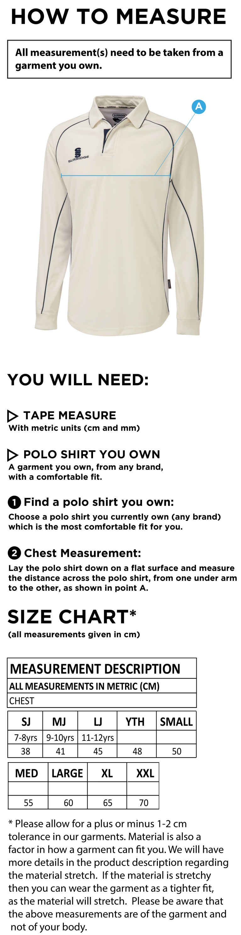 Dunlop Stars Cricket Club - Long Sleeve Shirt - Size Guide