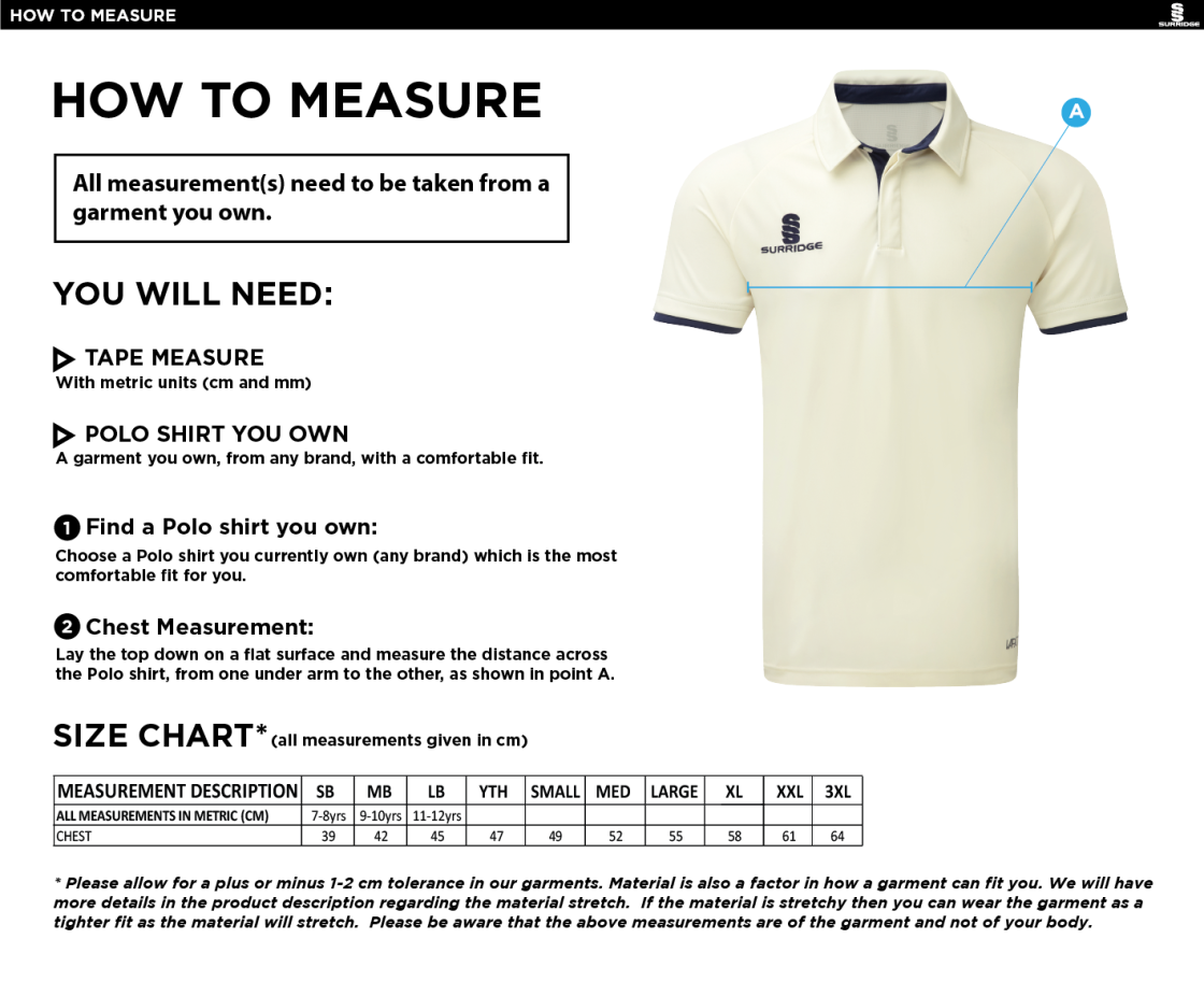 Dunlop Stars Cricket Club - Short Sleeve Cricket Shirt - Size Guide