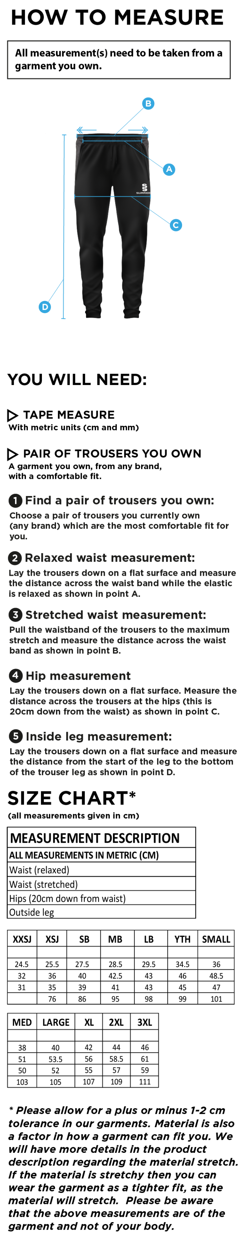 Dunlop Stars Cricket Club - Slim Training Pants - Size Guide