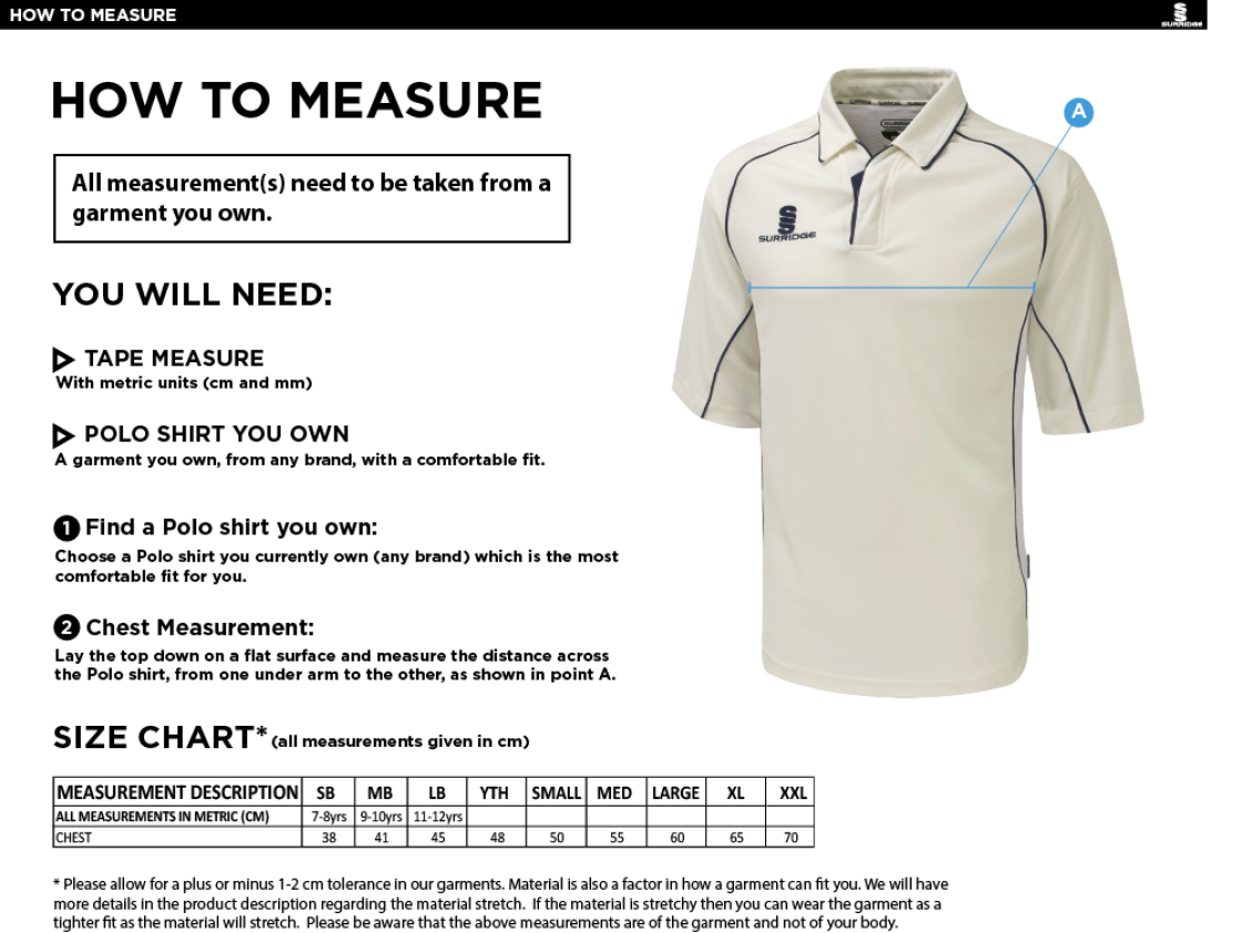 Dunlop Stars Cricket Club - 3/4 Sleeved Cricket Shirt - Size Guide