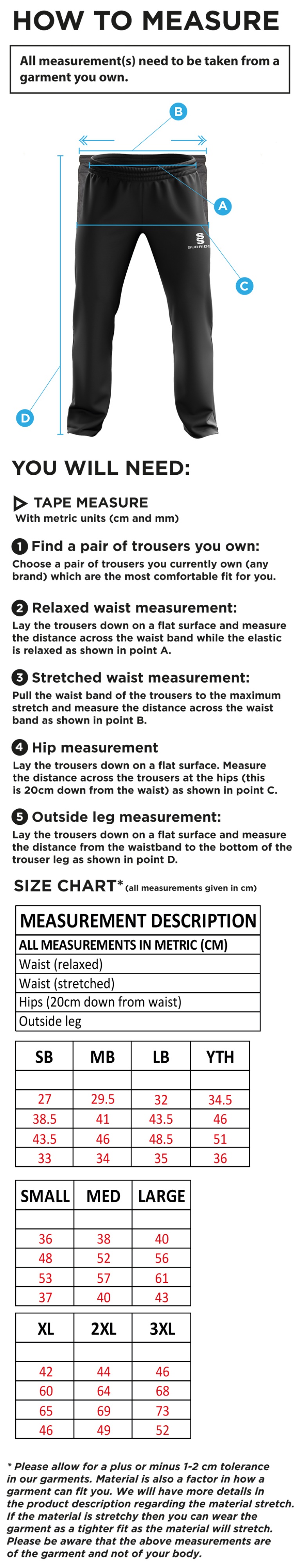 Dunlop Stars Cricket Club - Rip Stop Track Pant - Size Guide