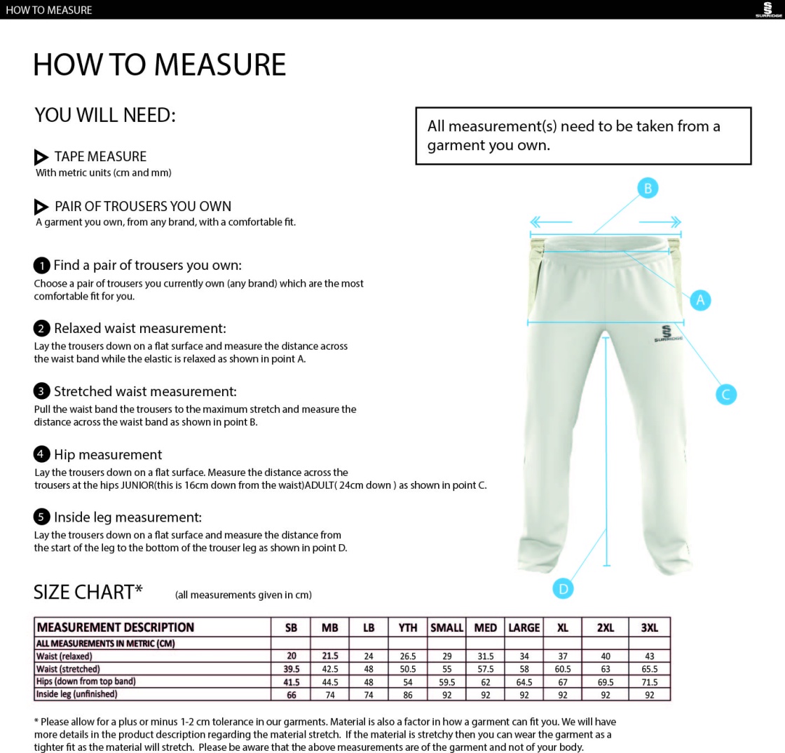 Dunlop Stars Cricket Club - Standard Playing Pant - Size Guide