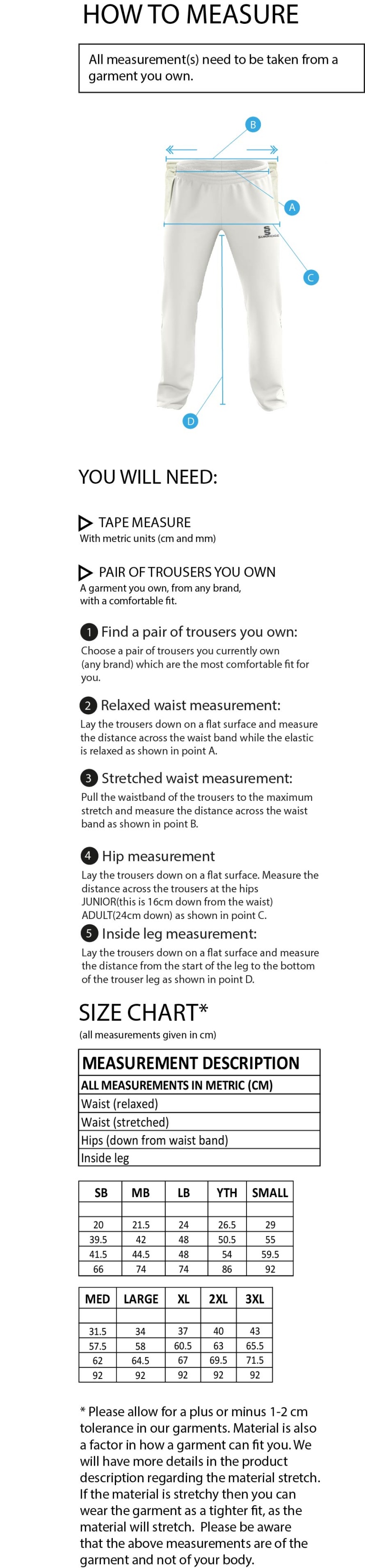 Dunlop Stars Cricket Club - Standard Playing Pant - Size Guide