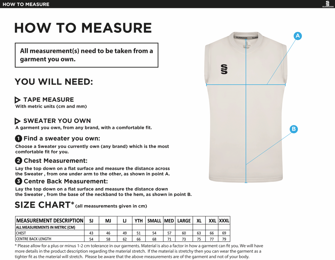 Dunlop Pak Stars CC Blast Sleeveless Cricket Sweater - Size Guide