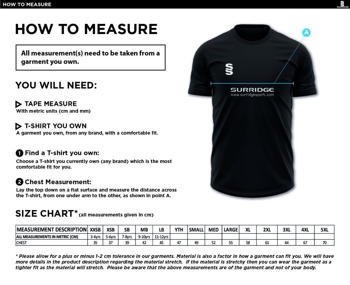 Dunlop Stars Cricket Club - Blade Polo Shirt - Size Guide
