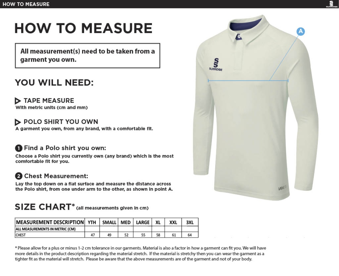 Dunlop Stars Cricket Club - Long Sleeve Cricket Shirt - Size Guide