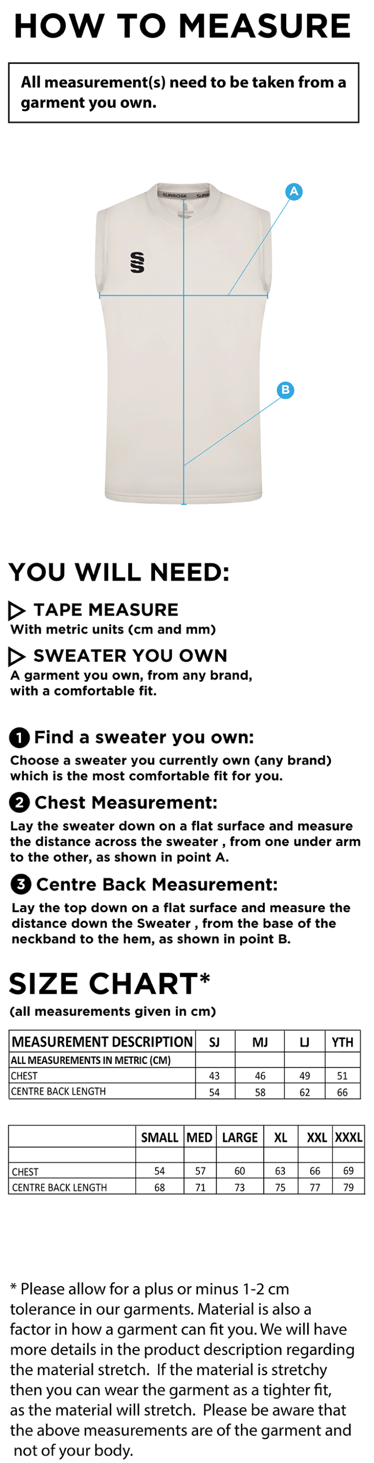 Dunlop Pak Stars CC Blast Sleeveless Cricket Sweater - Size Guide