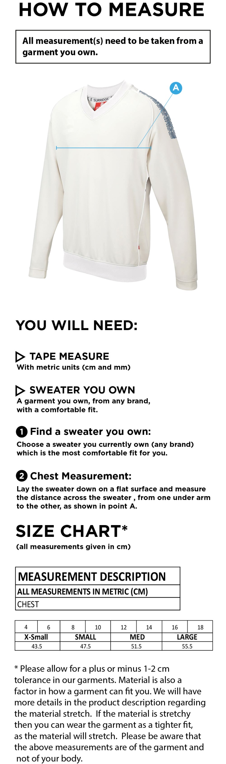 Dunlop Pak Stars CC Blast Long Sleeve Women's Cricket Sweater - Size Guide