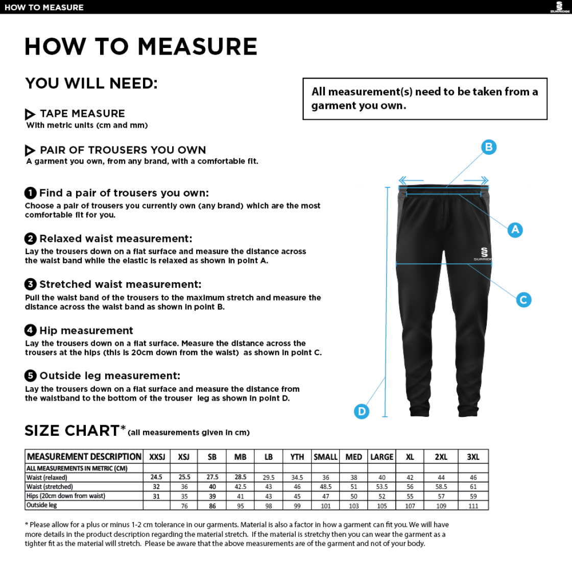 Dunlop Stars Cricket Club - Slim Training Pants - Size Guide