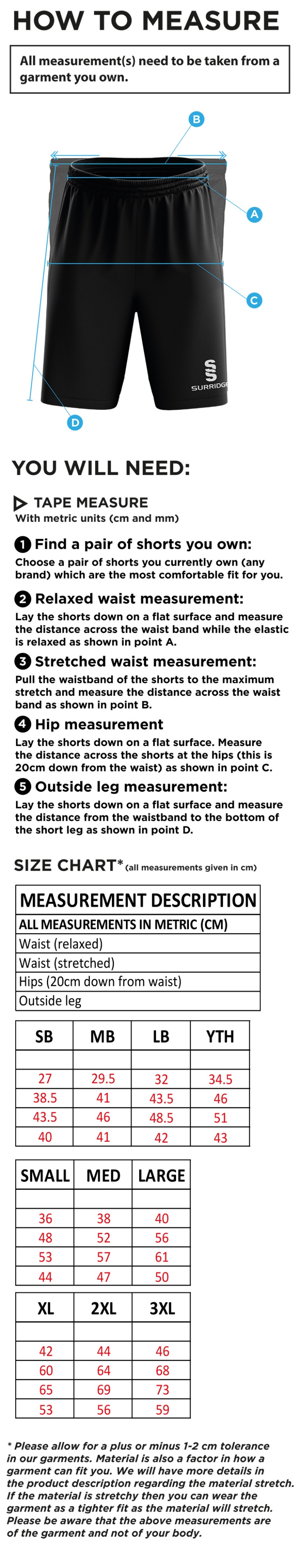 Dunlop Stars Cricket Club - Blade Shorts - Size Guide