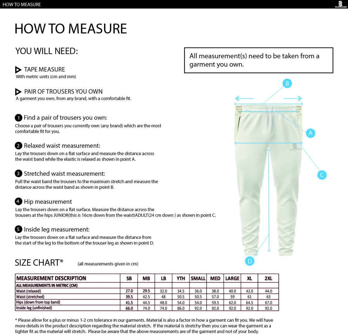 Dunlop Stars Cricket Club - Playing Pant - Size Guide