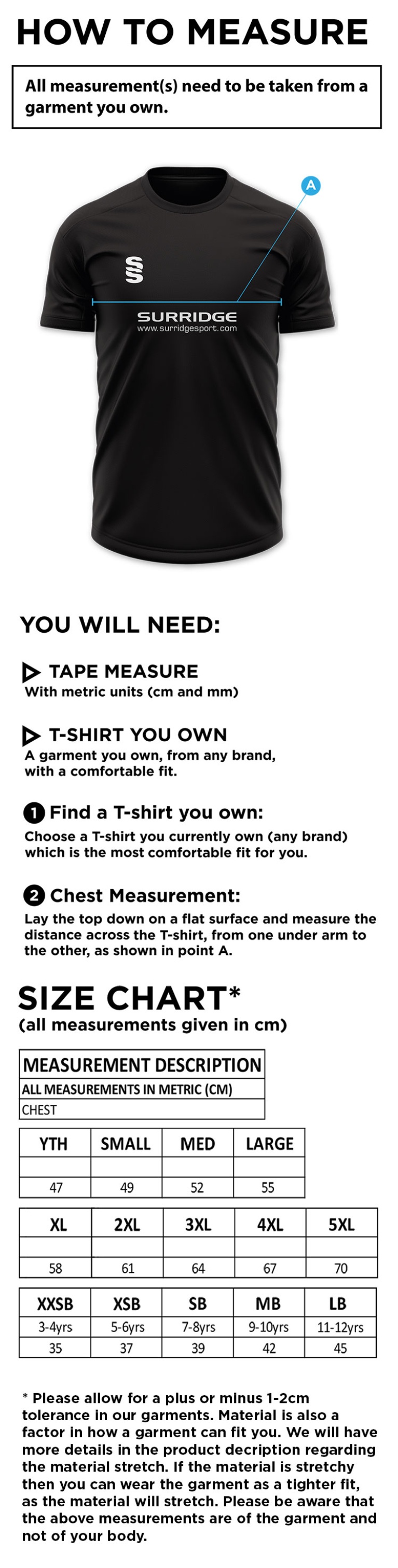 Dunlop Stars Cricket Club - Blade T-Shirt - Size Guide