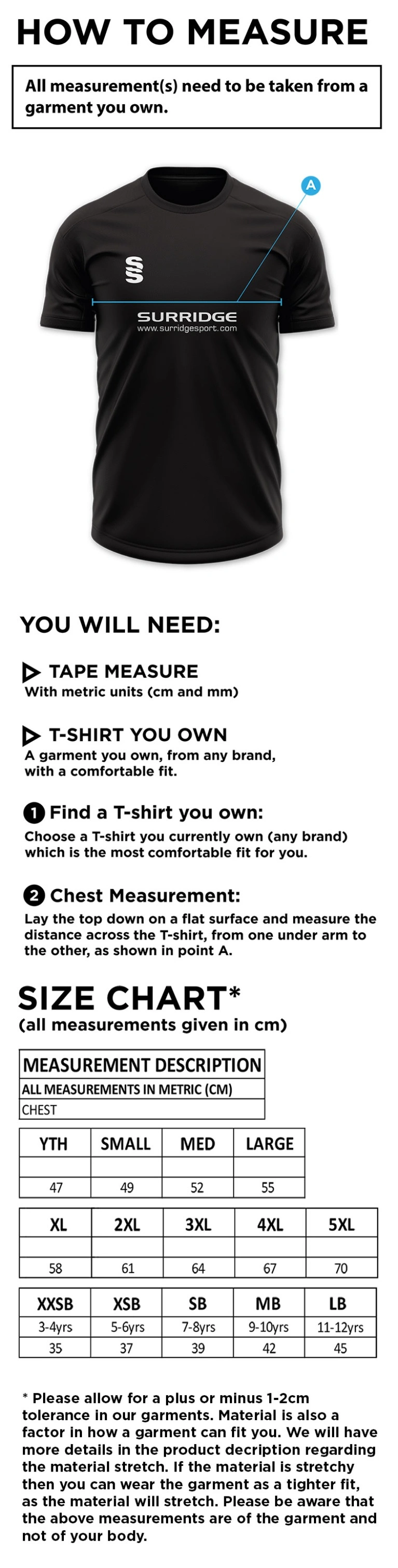 Dunlop Stars Cricket Club - Blade T-Shirt - Size Guide