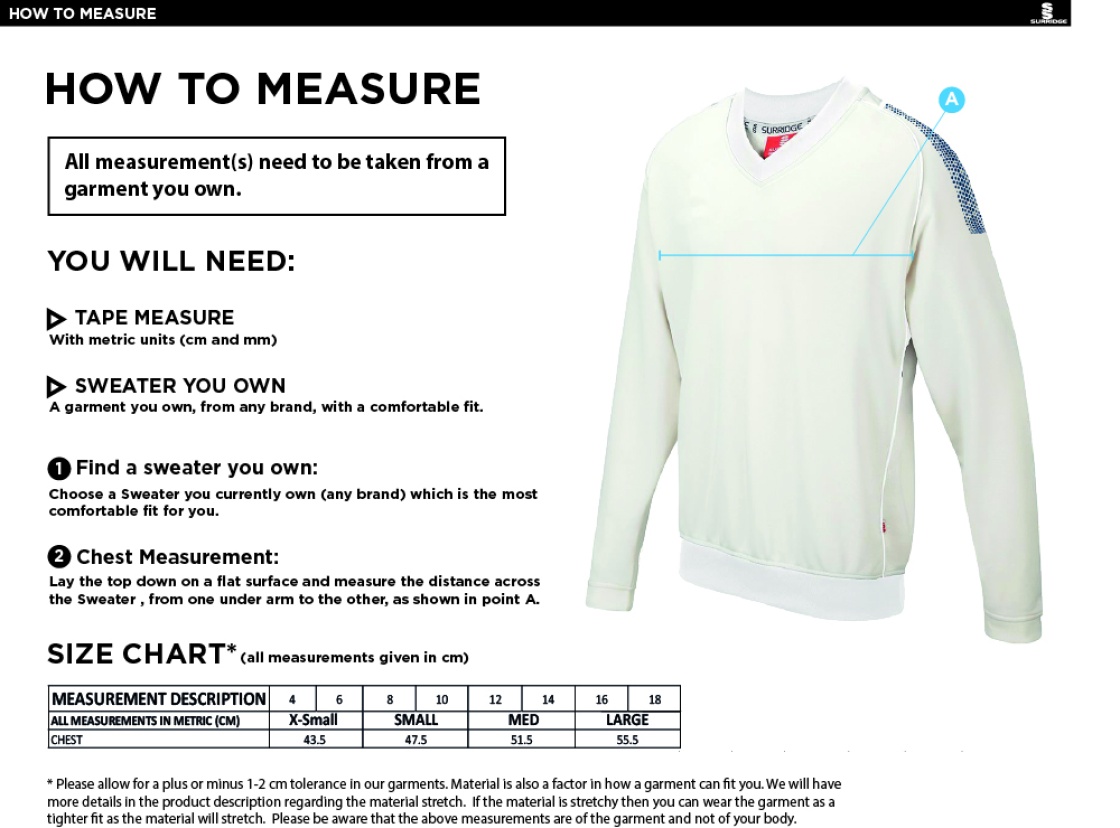 Dunlop Pak Stars CC Blast Long Sleeve Women's Cricket Sweater - Size Guide