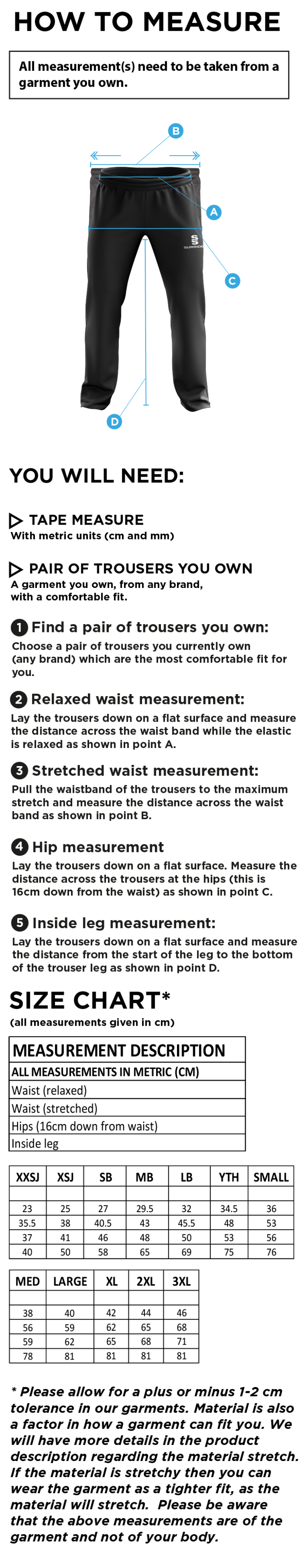 Dunlop Stars Cricket Club - Poplin Track Pant - Size Guide