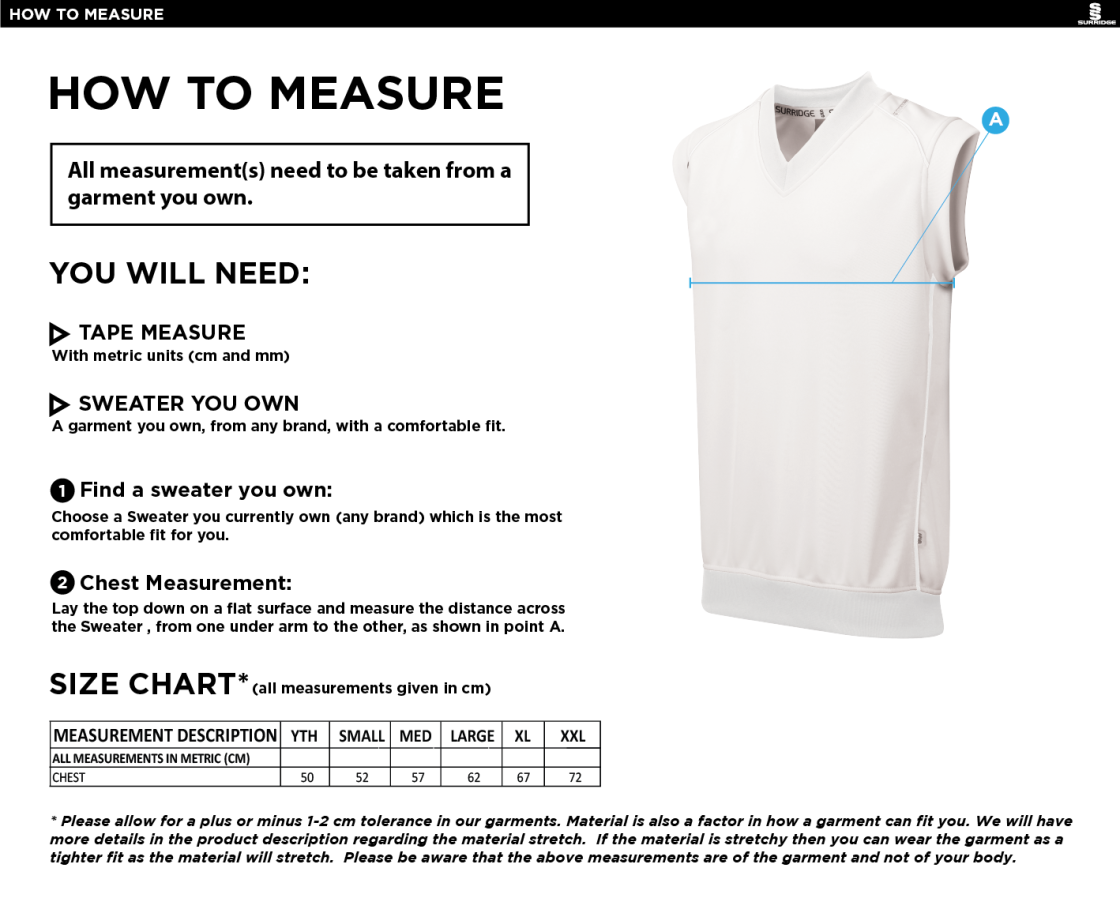Dunlop Stars Cricket Club - Sleeveless Sweater - Size Guide