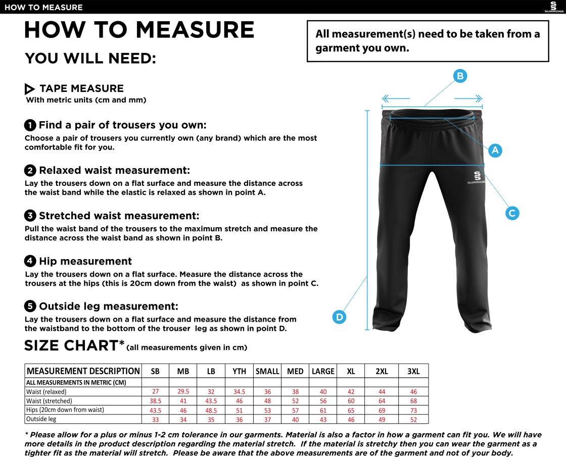 Dunlop Stars Cricket Club - Rip Stop Track Pant - Size Guide