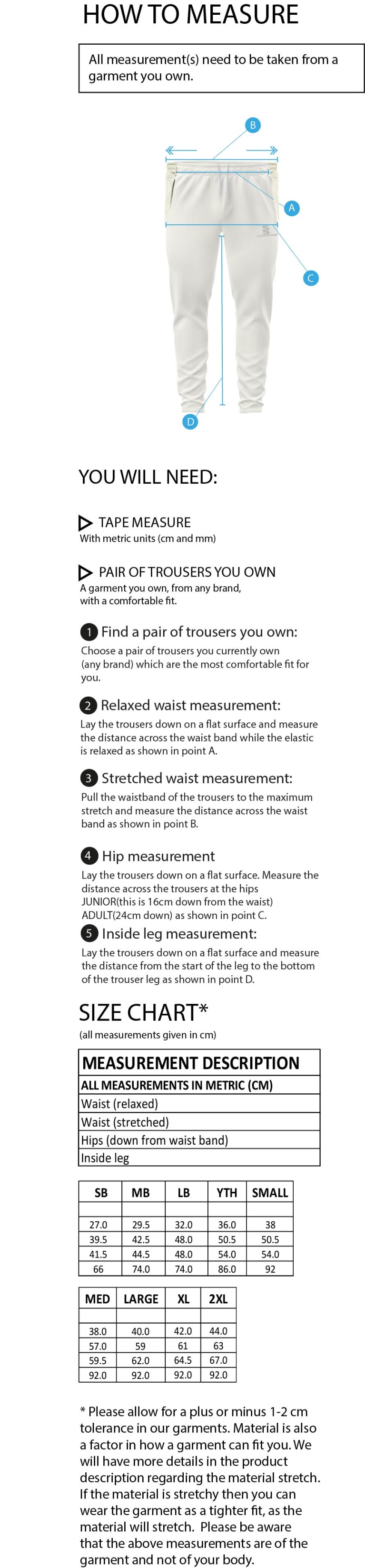 Dunlop Stars Cricket Club - Playing Pant - Size Guide