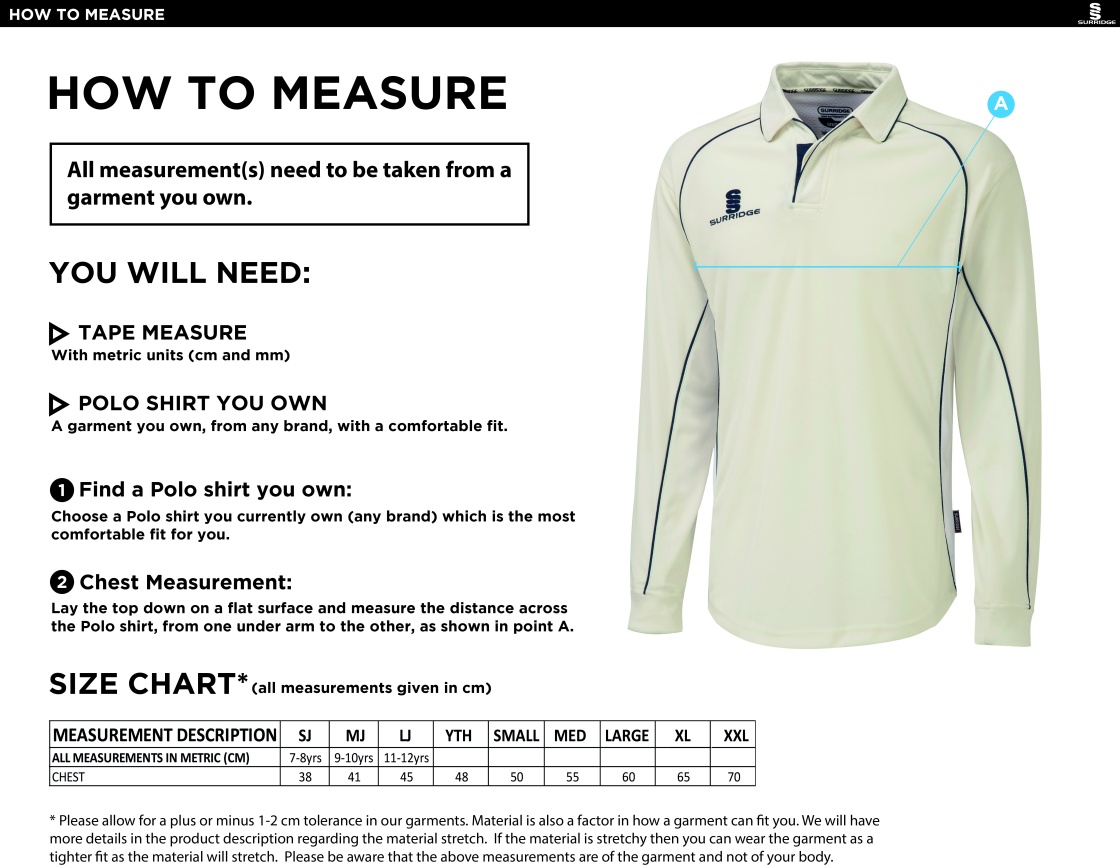 Dunlop Stars Cricket Club - Long Sleeve Shirt - Size Guide