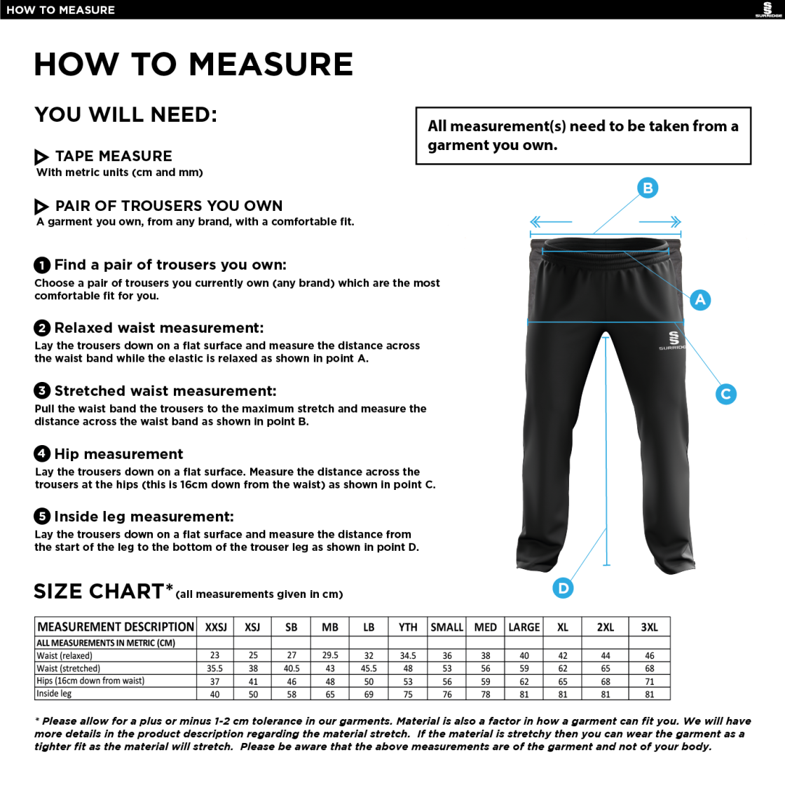 Dunlop Stars Cricket Club - Poplin Track Pant - Size Guide