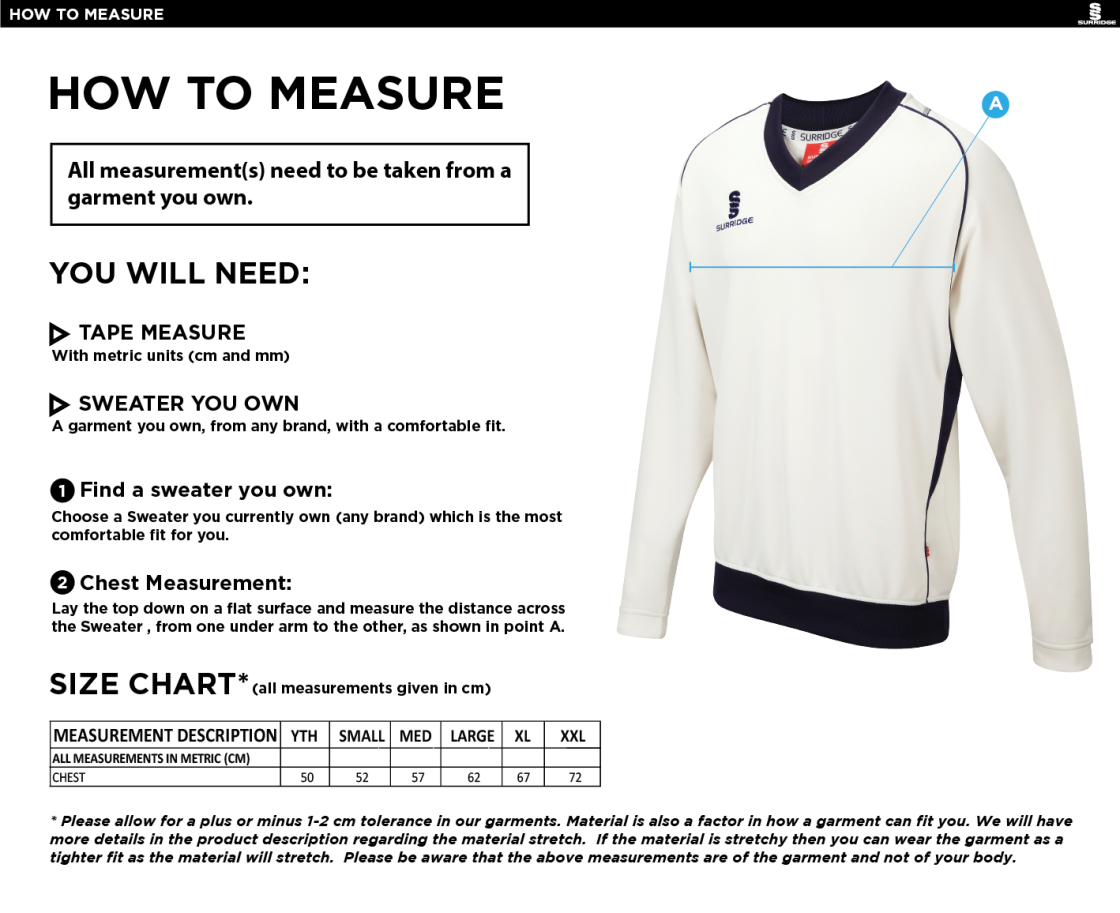 Dunlop Stars Cricket Club - Long Sleeve Sweater - Size Guide